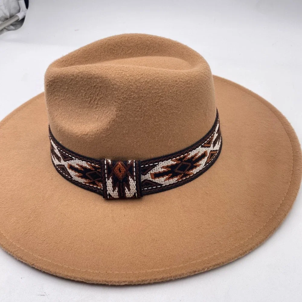 Wide Brim Fedora Hat OSFM Tan Southwestern Band Western Boho Adjustable vGC